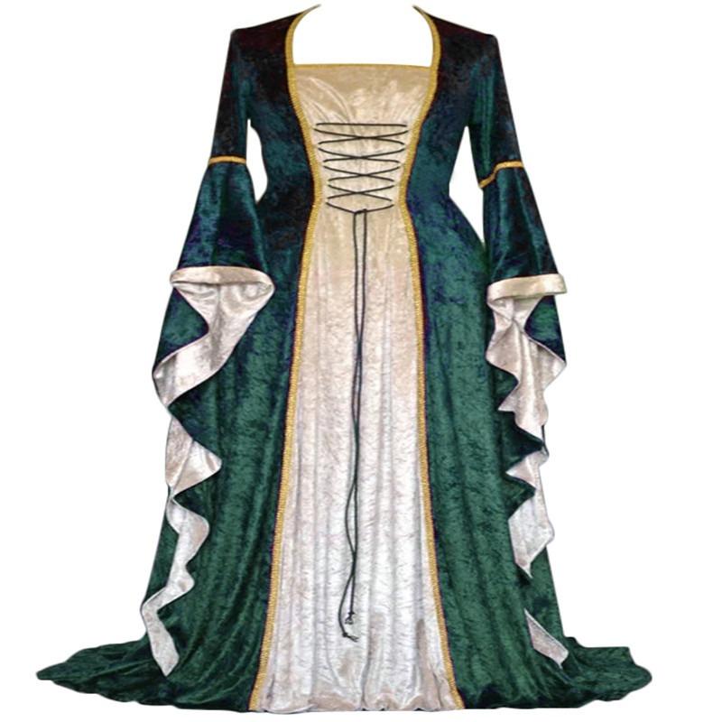 European and American Style Gold Velvet Lap-up Trumpet Sleeves Vintage Medieval Long Dress Dress