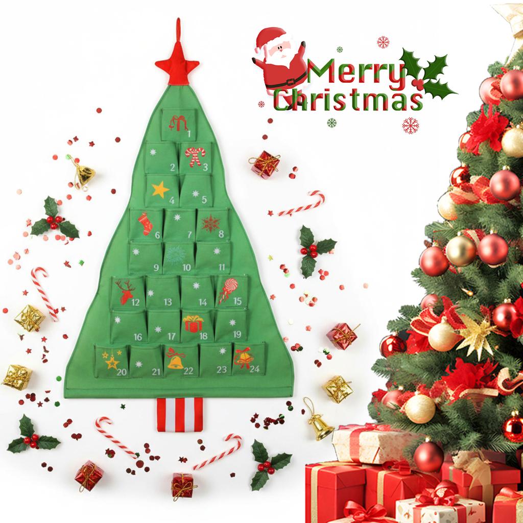 Xmas Tree Empty Cloth Ornaments with Pockets 24 Days Countdown Calendar Reusable Natural Hanging Storage Bag for Home Decor