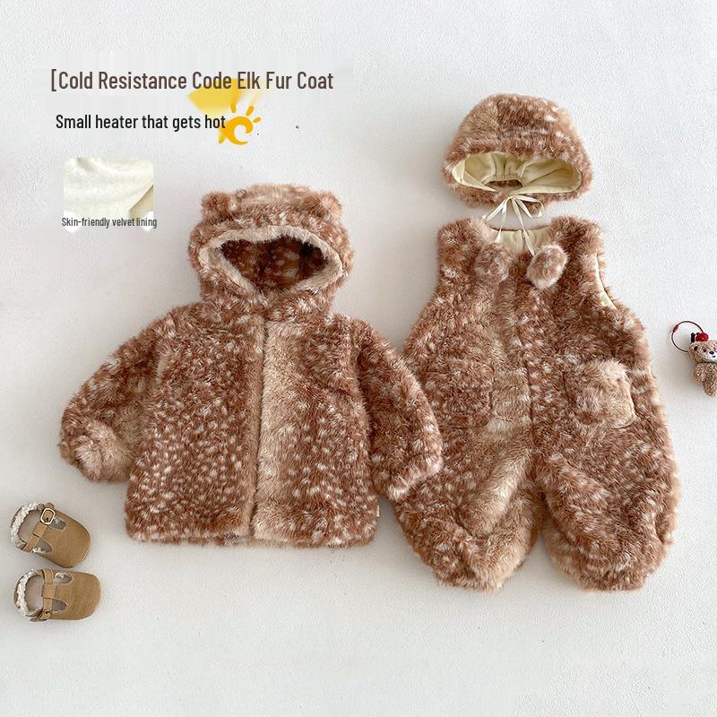 Children's Winter Deer Hooded Romper: 2025 Korean-Style Fleece-Lined Pants for Girls - Super Cute!