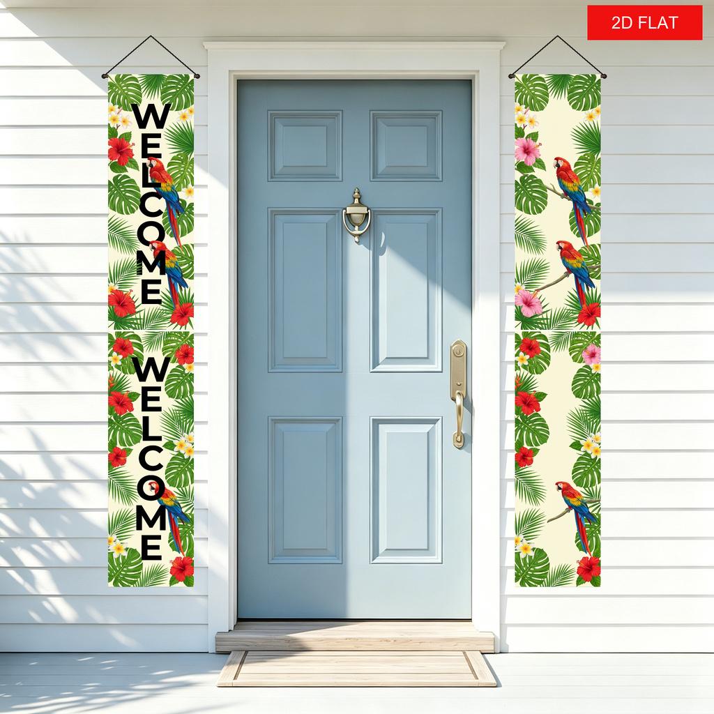 2D Flat, 2D Door Banner 2D Flat, 2D Door Banner 2D Flat Banner, 2pcs Hawaiian Tropical Parrot "WELCOME" Door Curtain Front Door Entrance Porch Hanging