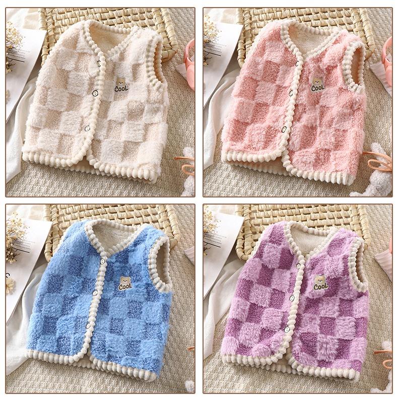 Autumn Winter Kids Lamb Wool Vest Children's Double Thick Warm Coat Checkered Pattern Baby Boys Girls Outdoor Plush Sleeveless Outerwear