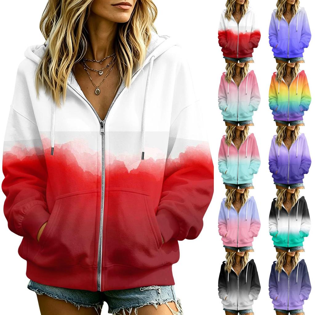 Women's Gradient Print Hooded Jacket with and Pockets for Casual
