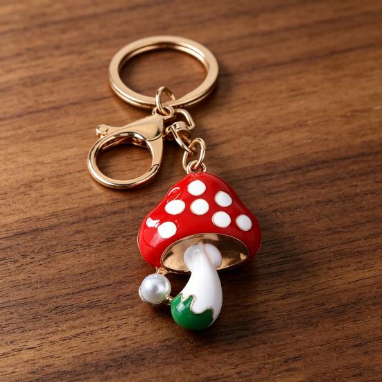 Zinc Alloy Keychain Pendant, Dripping Process Key Ring with Imitation Pearl Cartoon Mushroom Shape, Multiple Colors Bag Charm