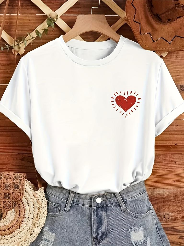 Luminous Red Heart Printed Tshirt Casual Short Sleeved Round Neck Top Comfortable Daily Fashion Womens Summer Clothing