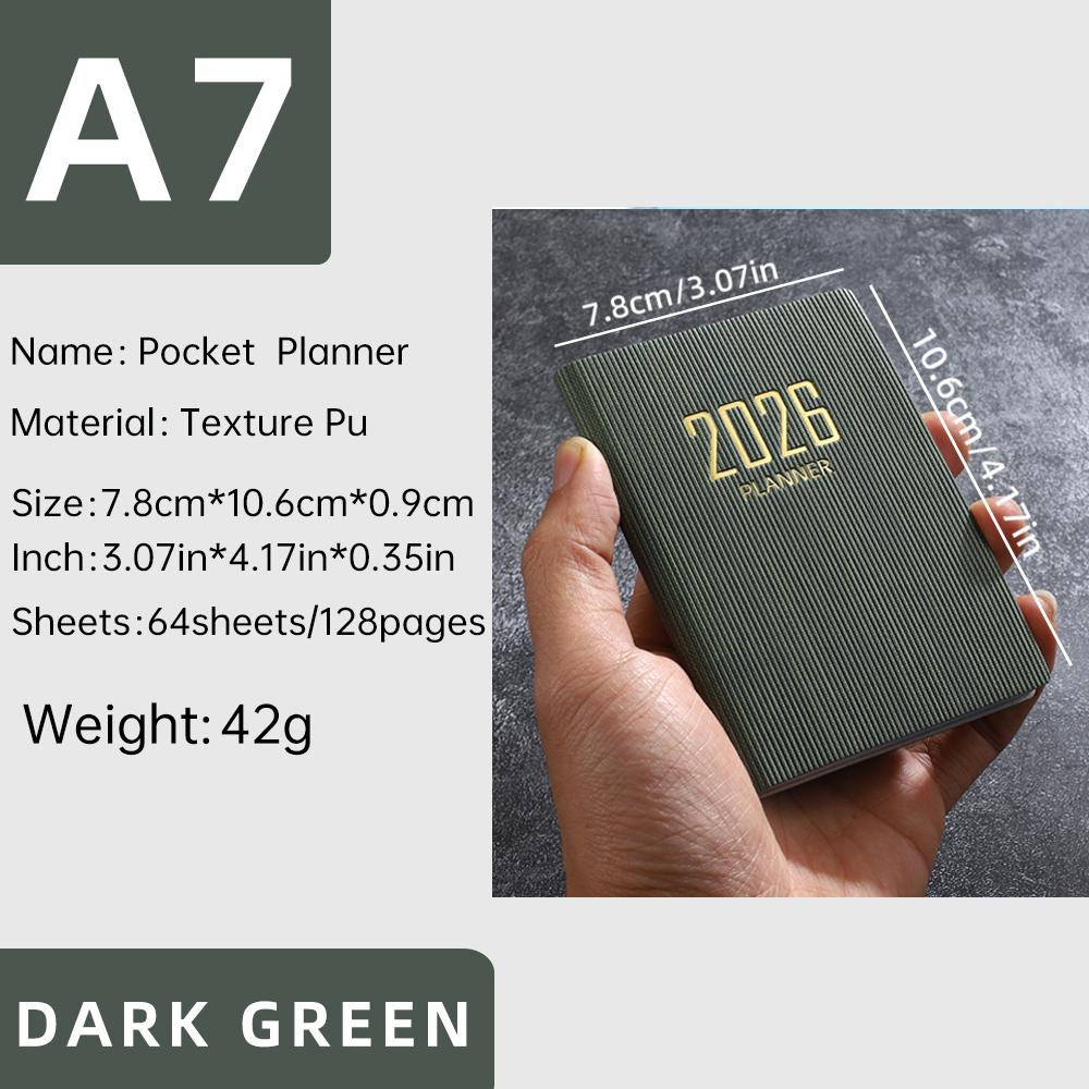 A7 specification 2026 English planner book, mini portable pocket daily schedule book, 64 sheets 128 page thin weekly calendar