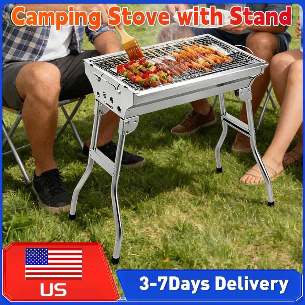 Outdoor Foldable Charcoal Grill Stainless Multi-Function BBQ Grill with Storage Basket Handle Free Assembly Camping Cooking Tool