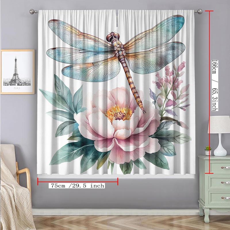 Watercolor Dragonfly Peony Floral Curtains Set of 2 Rod Pocket Modern Art Home Decor Bedroom Living Room Kitchen