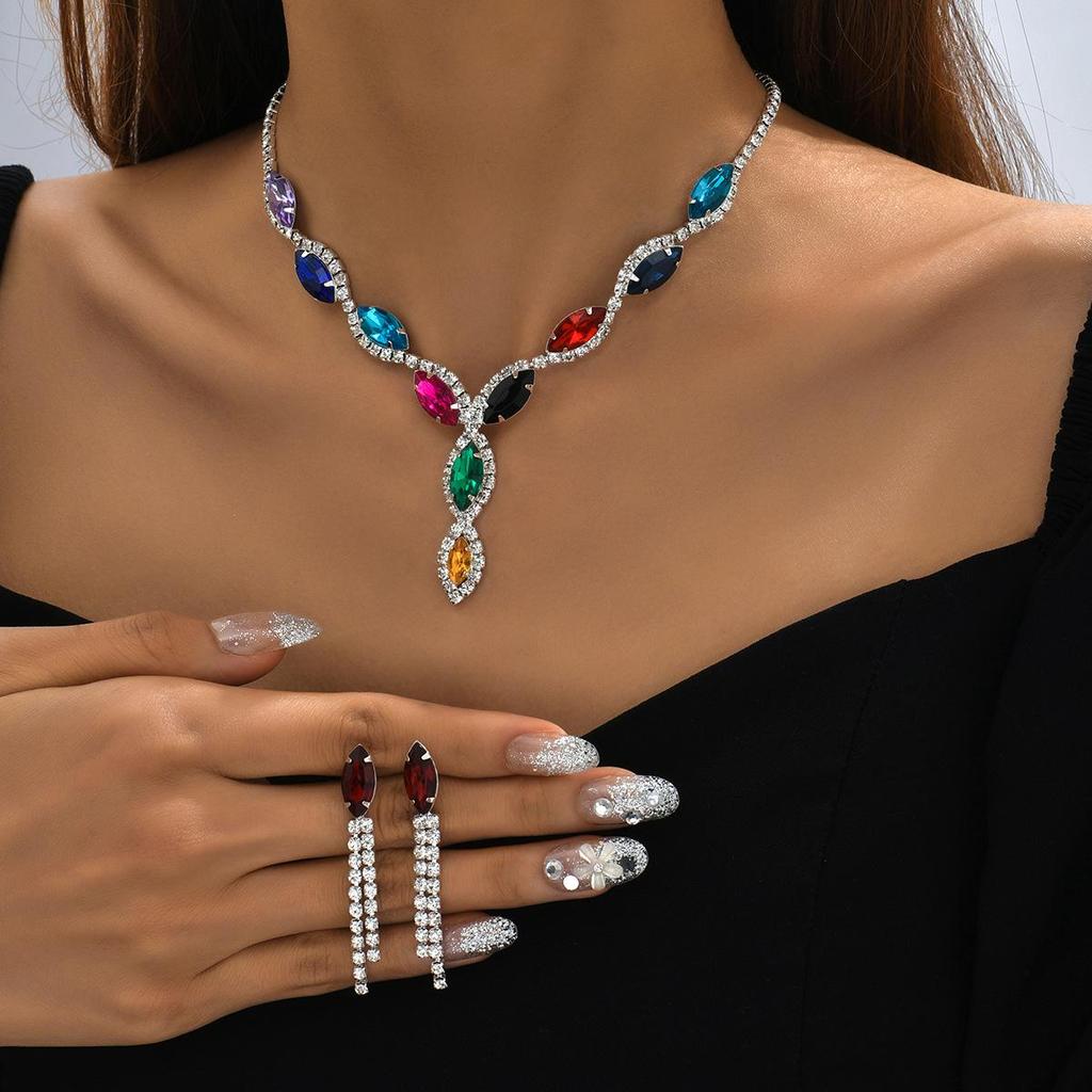 Marquis Cut Water Drop Necklace & Tassel Earrings Bridal Jewelry Set