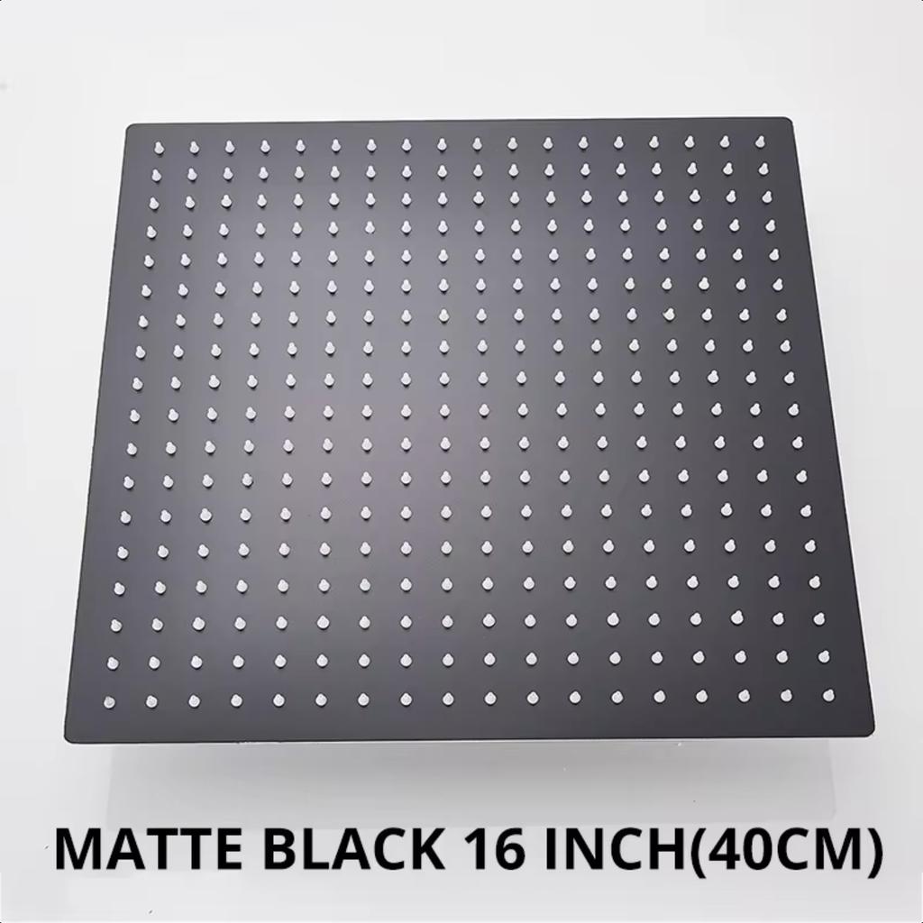 Black 16 Inch Square Rainfall Shower Ultrathin Stainless Steel Shower Chrome Bathroom Top Rain Shower Faucet