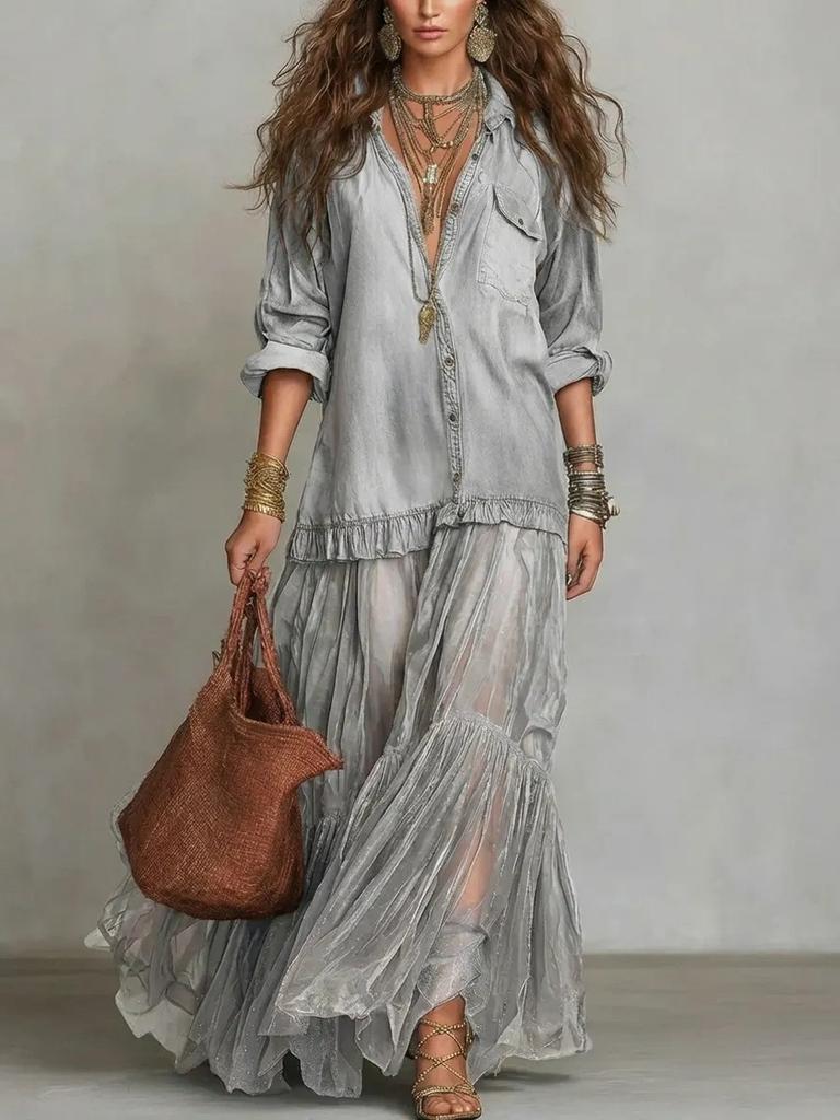 Women Denim Print Mesh Maxi Dress Casual V Neck Long Sleeve Tiered Ruffle Beach Vacation Dress