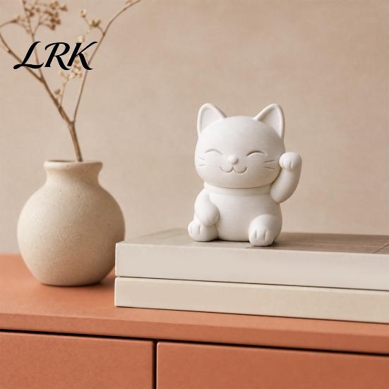 Small Maneki Figurine 3D Printed Luck Cat Statue, Cute White Figurine, Matte Mini Detailed Sculpture Fortune Ornament for Home Desk Bedroom
