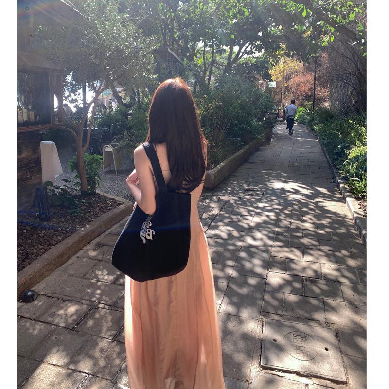 Romantic Pink V-neck Fairy Camisole Dress with Waist-cinching Slimming Long Skirt