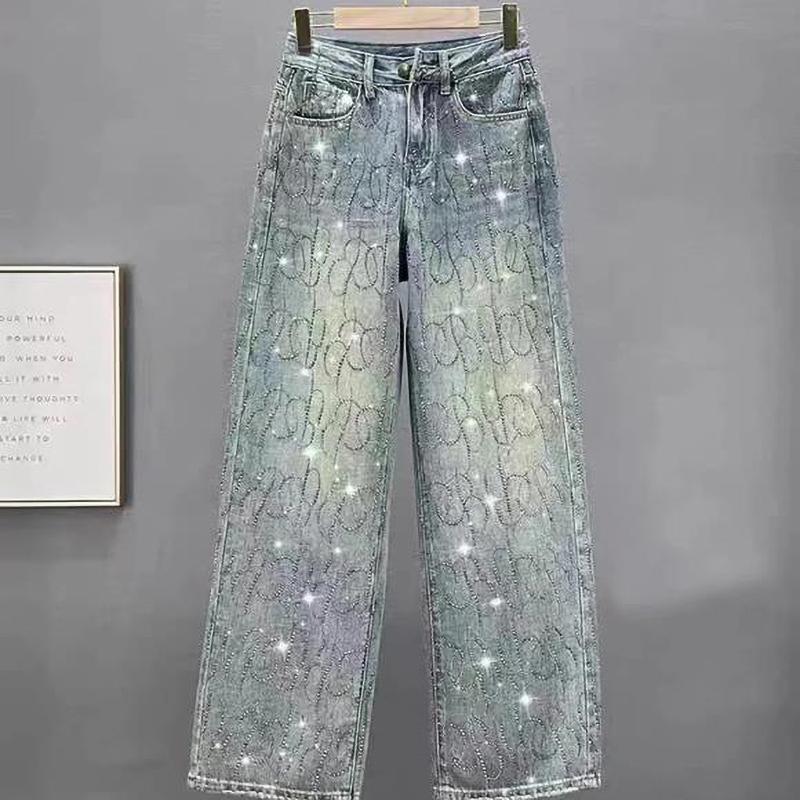 Stamping Diamond Jeans Women Spring Autumn Shiny Rivet Wide Leg Pants Straight Loose Denim Pants