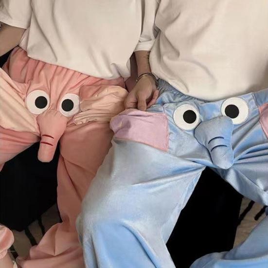 Calças de pijama com estampa de elefante de desenho animado, pernas largas, design feminino, masculino, calças de salão, cós elástico, cintura média, calças de pijama