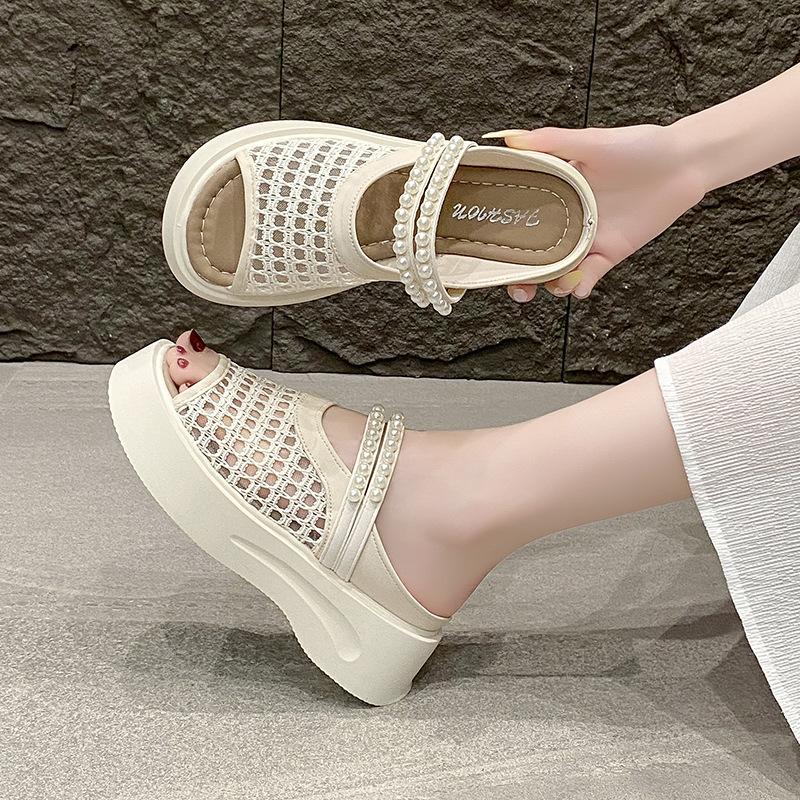 French Mary Jane Bag Head Half Slippers Women's Outer Wear 2025 Spring and Summer New Thick-soled One-pedal Pearl Cool Slippers