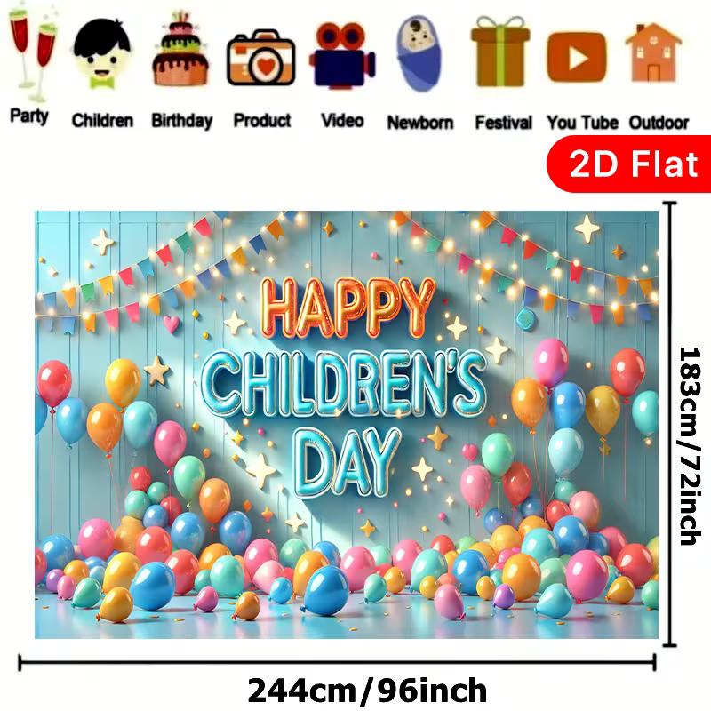 2D Kids' Day Photo Backdrop with Colorful Bunting Banner and Balloons