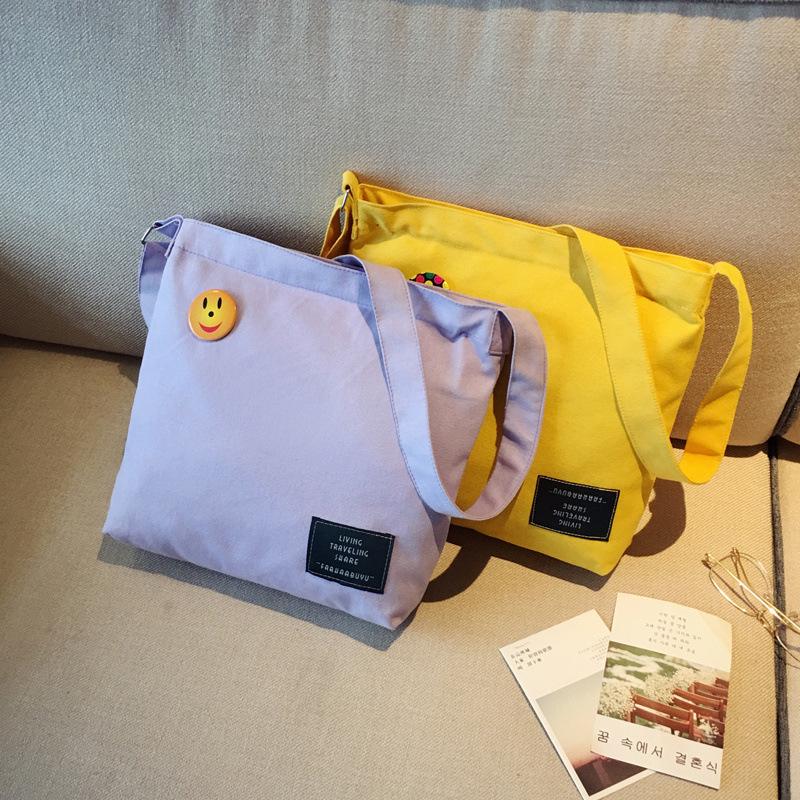 One-shoulder Portable Fresh Canvas Bag, Zipper Simple Casual Large-capacity Shopping Bag