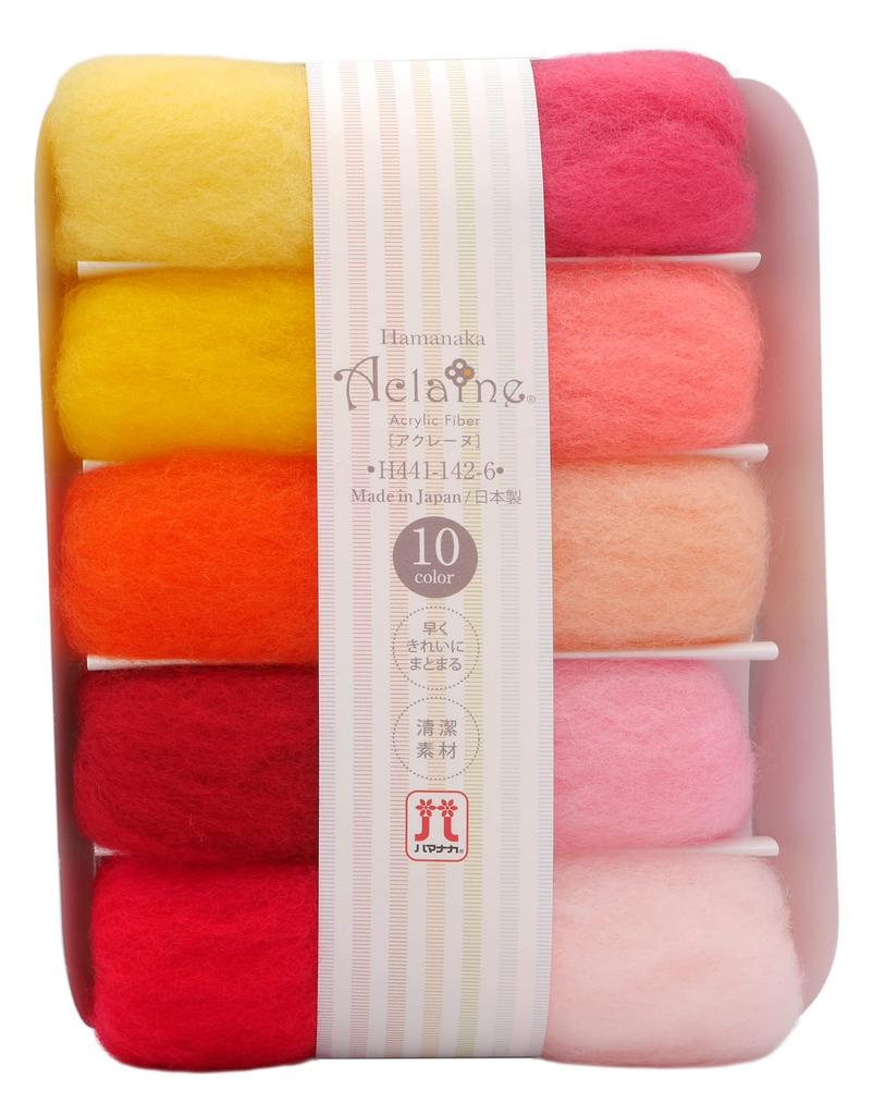 Hamanaka Aclaine Wool Felt, 10-Color Set (Approx. 2g Per Color), Red, Yellow, and Pink, H441-142-5