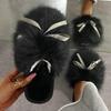 Sweet Bowknot Mix Color Faux Fur Slides Women 2025 Autumn Warm Short Plush Outdoor Slippers Soft Sole Cotton Mules Slippers