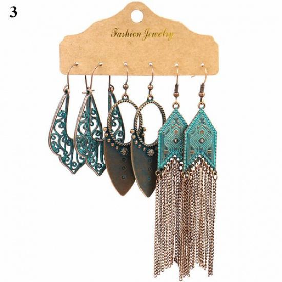 3 Pairs Boho Gypsy Earrings Tribal Ethnic Tassel Turquoise Ear Hook Drop Dangle₊