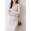 V-Neck Wool-Cashmere Sweater Dress for Women - Slim Fit, Mid-Length, Over-the-Knee, Autumn/Winter Style