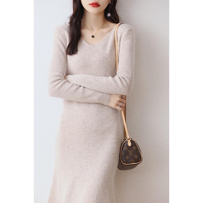 V-Neck Wool-Cashmere Sweater Dress for Women - Slim Fit, Mid-Length, Over-the-Knee, Autumn/Winter Style