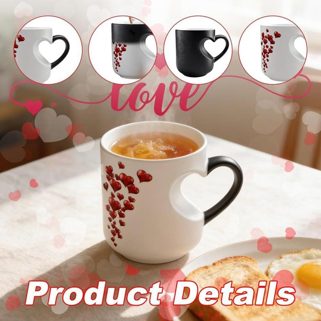 Color Changing Mug 325ml Heart Shape Beverage Container Ceramic Novelty Coffee Mugs with Handle for Couples Home Kitchen Travel