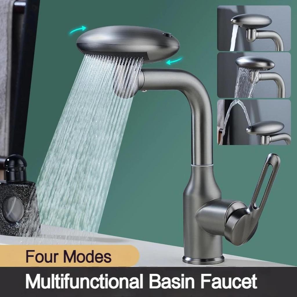 4-Mode Stainless Steel Bathroom Faucet 360° Swivel Spout & Pop-Up Drain, Hot and Cold Dual Control Spaceship-shaped Faucets