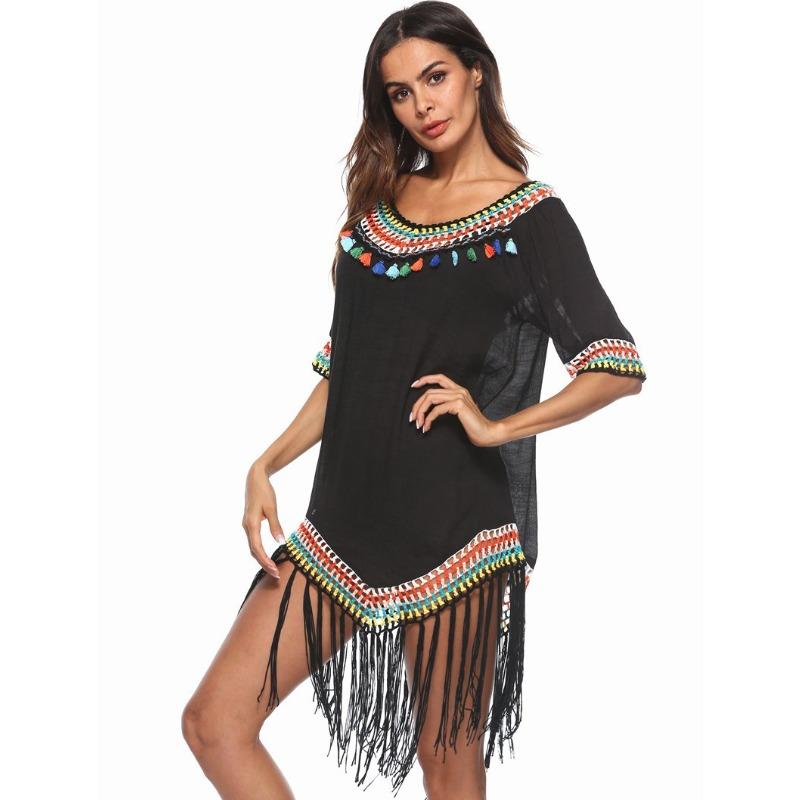 

Летнее женское солнцезащитное солнцезащитное платье в праздничном стиле с радужными разноцветными кисточками и v-образным вырезом, пляжное платье с крючками на крючках One Size чёрный