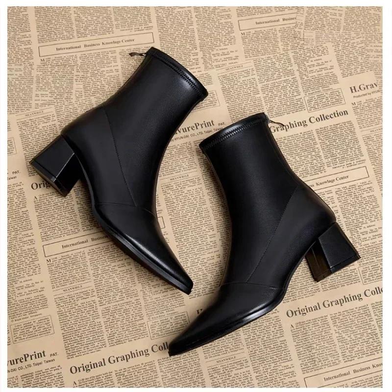 New Spring Sexy Chelsea Boots Pointed Tip Thick Heel Back Zipper Middle Follow Women Shoes Microfiber Leisure Comfortable Smooth