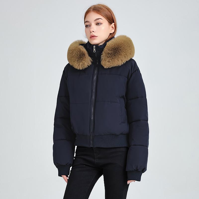 High waist big fur collar hooded short cotton jacket women's autumn and winter new down cotton jacket thin jacket