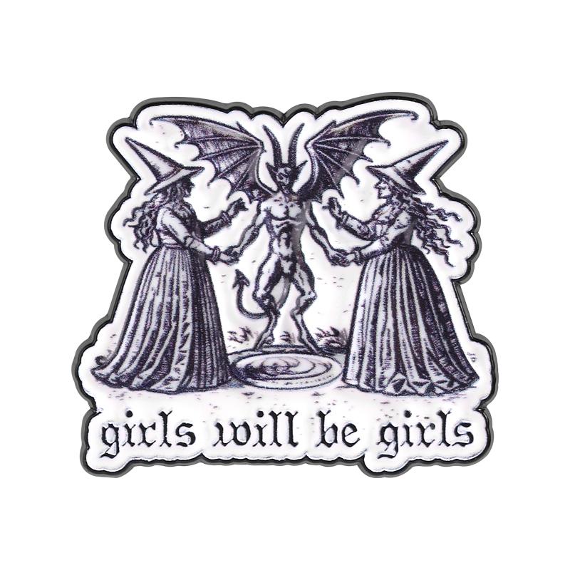 Girls Will Be Girls Enamel Pin Punk Rebellious Witch Demon Magic Circle Brooch Lapel Badge Fashion Jewelry Gift for Friends
