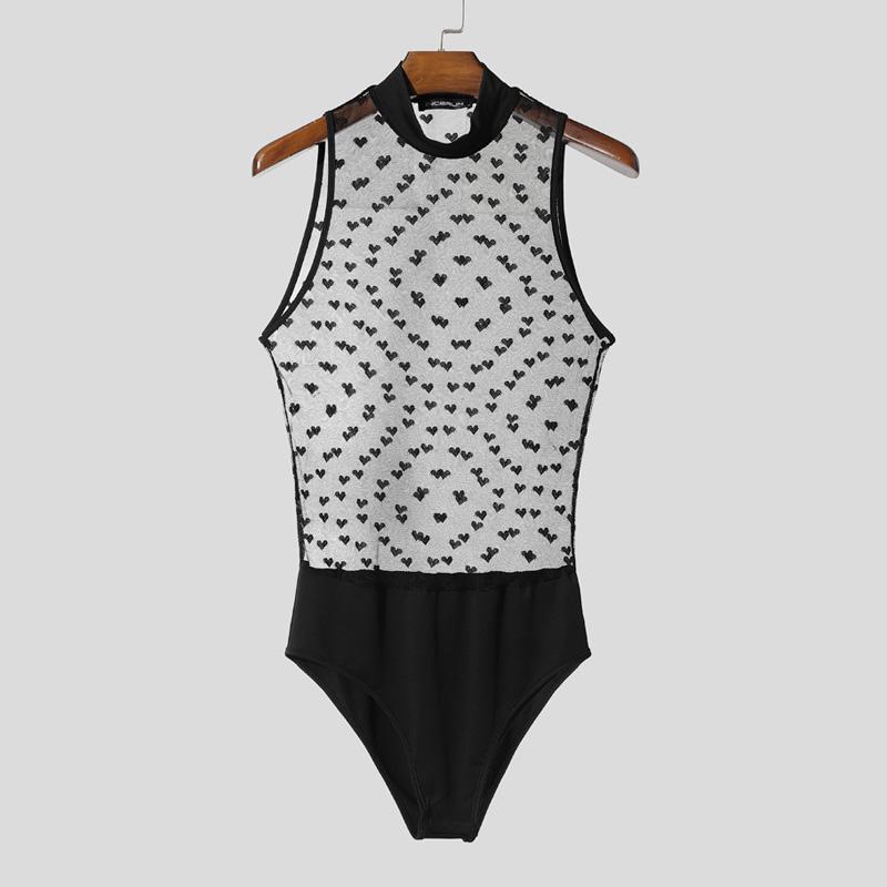 INCERUN Men's Stitching Color Sleeveless Dots Mesh Sheer Underwear Jumpsuits