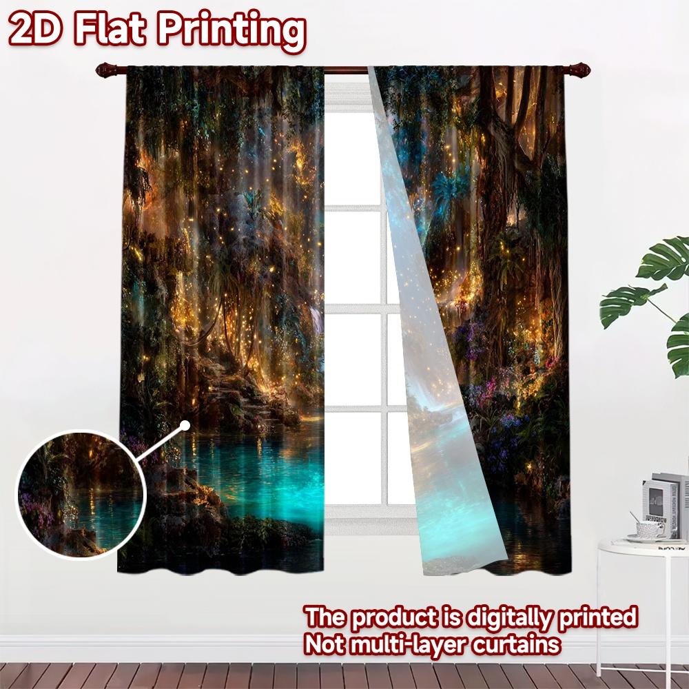 2D flat printing 2pcs Curtains Enchanted Forest Waterfall Dreamy Glow Digital Printed Polyester Drapes Party Decorations Perfect