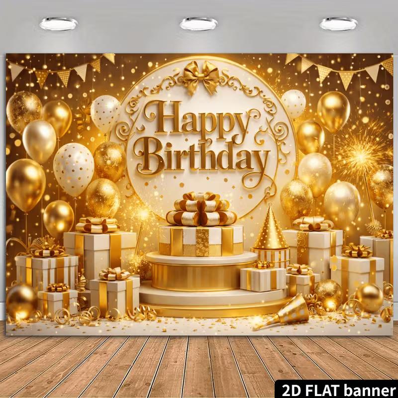 2D Gold & White Themed Birthday Photo Booth Backdrop with Bunting Flags