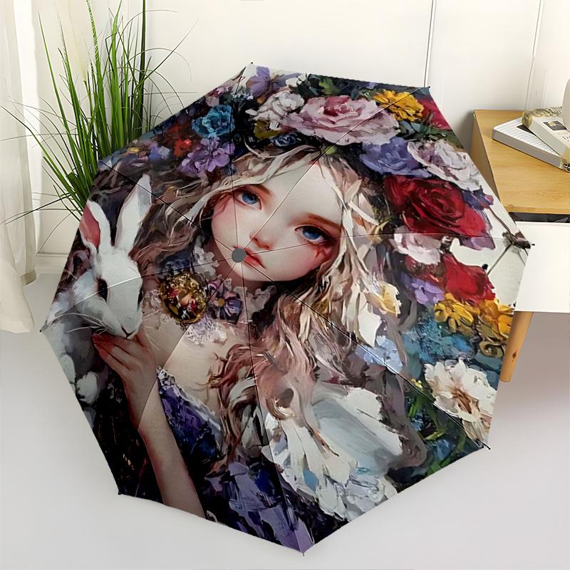 

1pc Alice in Wonderland Pattern Beautiful Looking Automatic Folding Umbrella, 3 Folding, 8 Iron Frame Design, Durable and Suitable for Travel and Dail