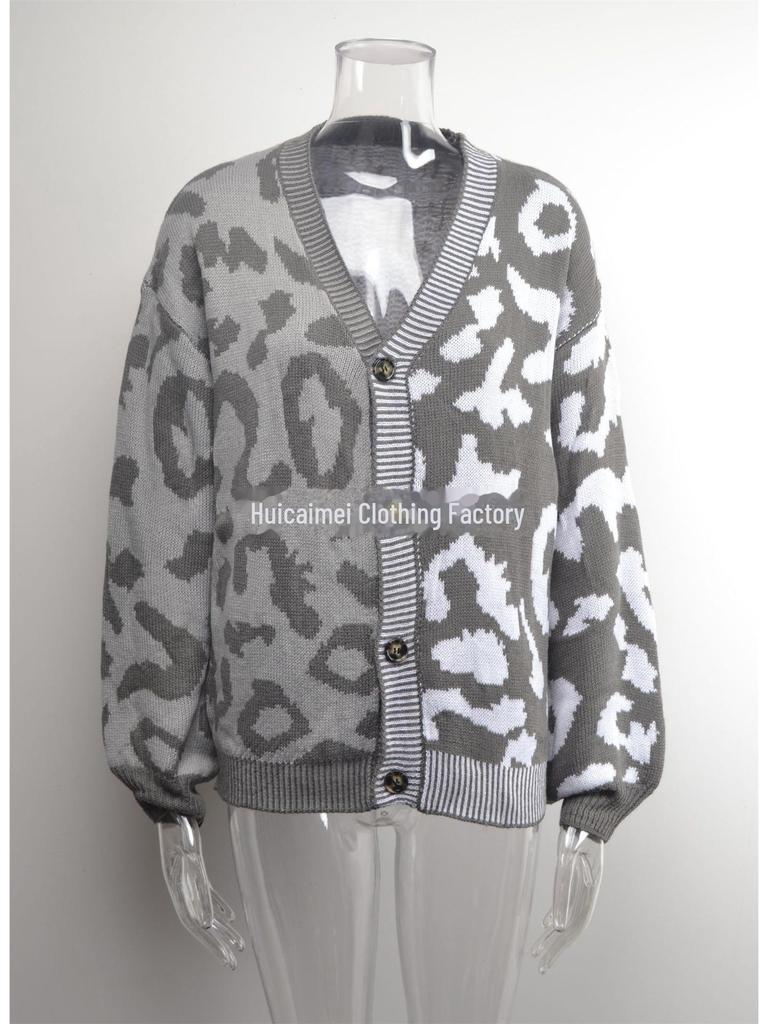 European & American Leopard Print Knitted Cardigan: Autumn/Winter, Mid-Length, Round Neck, Single-Breasted, Streetwear Style, Plus Size Sweater
