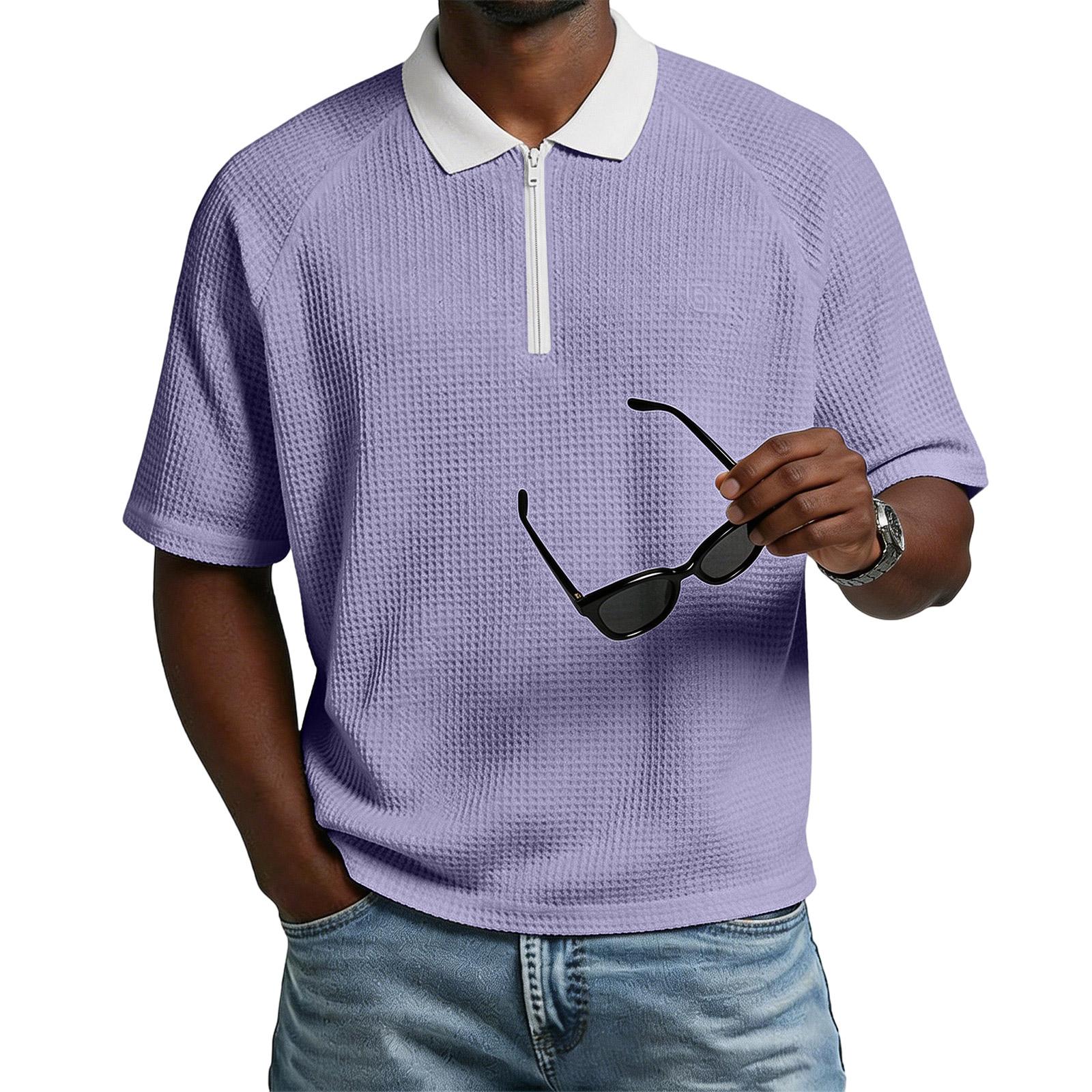 Ionia Heren Poloshirt met Korte Mouwen, Contrastkraag en Halve Rits, Casual Wafelpatroon Top L