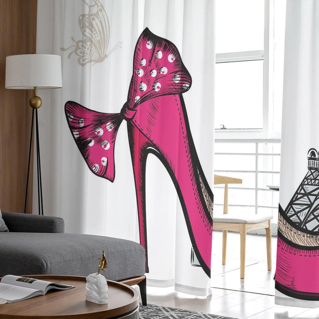 Red High Heels Eiffel Tower Butterfly Tulle Curtains for Bedroom Modern Voile Curtains Home Decoration Window Curtains