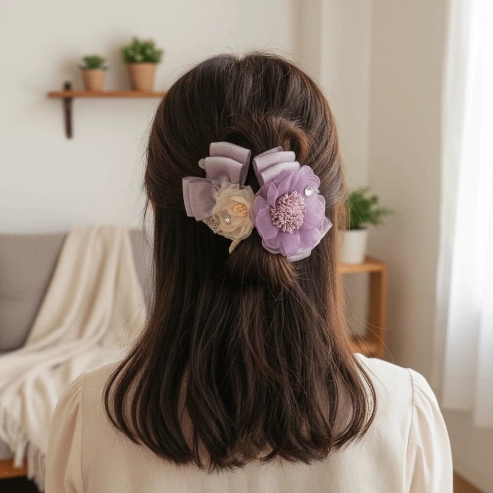 Elegant Flower Banana Clip Resin Women Ponytail Holder Shark Clip Purple Mesh Vertical Clip Party