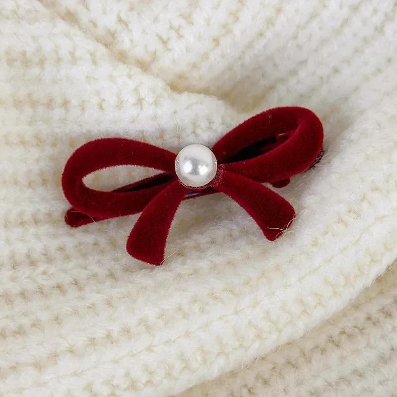 Retro Flocked Pearl Bow Christmas Hair Clips for Woman Girls Sweet HairPins Child Cute Bow Barrettes Fashion Hair Accessories