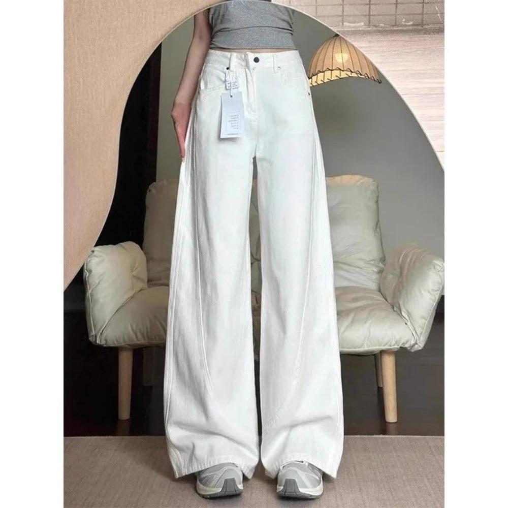 Women's High Waist Wide Leg Jeans Loose Fit Vintage Washed Slight Stretch White Panel Stitch Baggy Denim Trousers