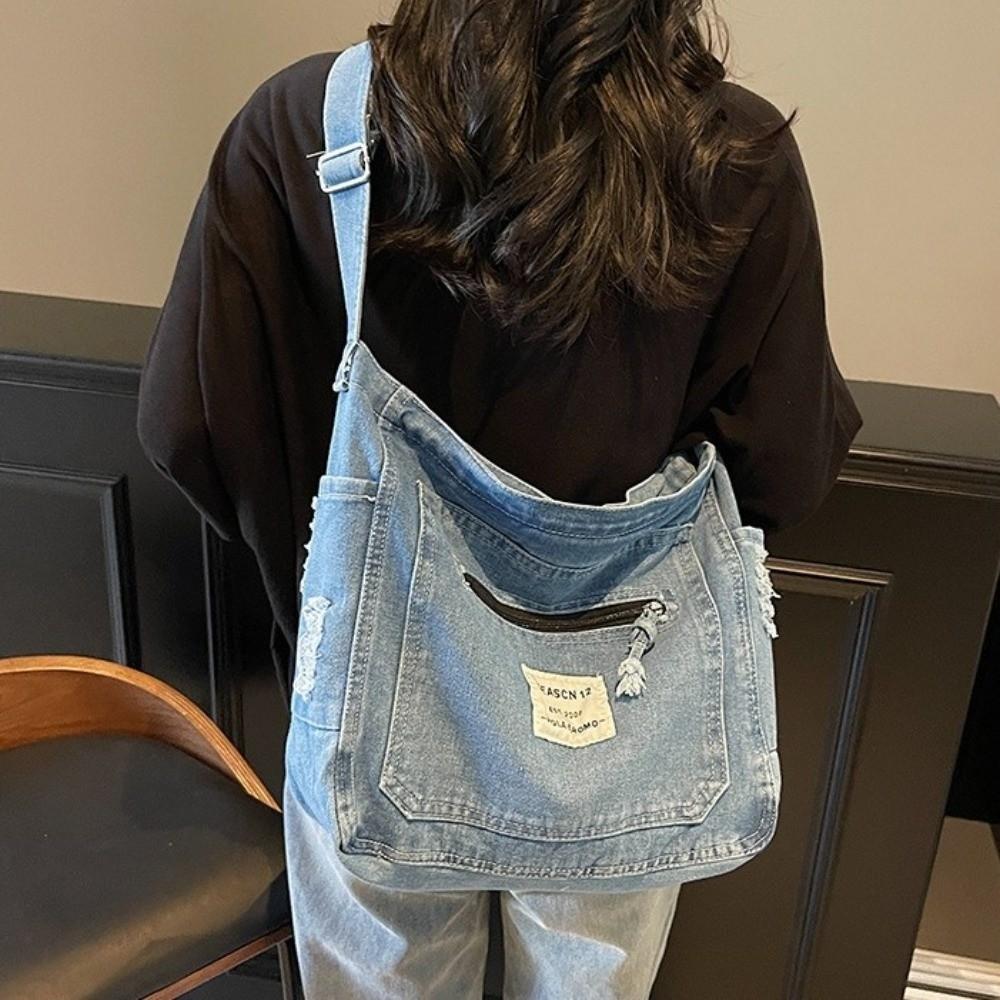 Fashion Sewing Thread Denim Crossbody Bags Zipper Multi-pocket Denim Bag Large Capacity Versatile Commuting Bag Youth Women