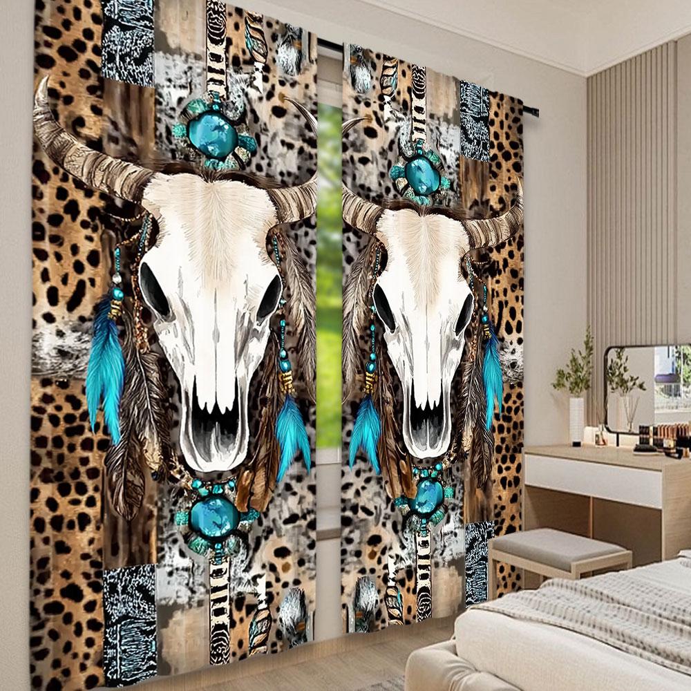2Pcs Bohemian Chic Gemstone Cow Skull Leopard Printed Curtains Vintage Medieval Inspired For Bedroom Kitchen Dining Room Living