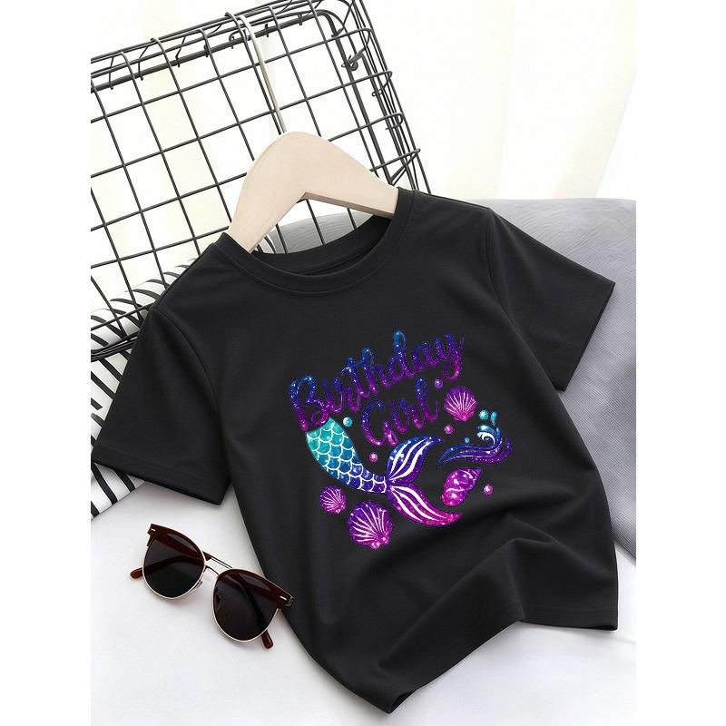 European sizes Girls' Short Sleeve T-Shirt, Birthday Girl Mermaid Letter Pattern Print, Fashionable Comfortable Top