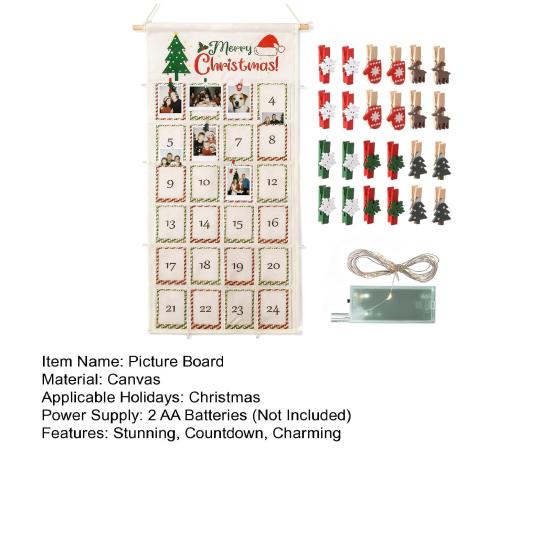 Weihnachts-Bilder-Countdown-Tafel Foto-Adventskalender mit Weihnachtsklammern Wiederverwendbare Foto-Display-Collage-Tafel mit LED-Licht für Festival-Erinnerung