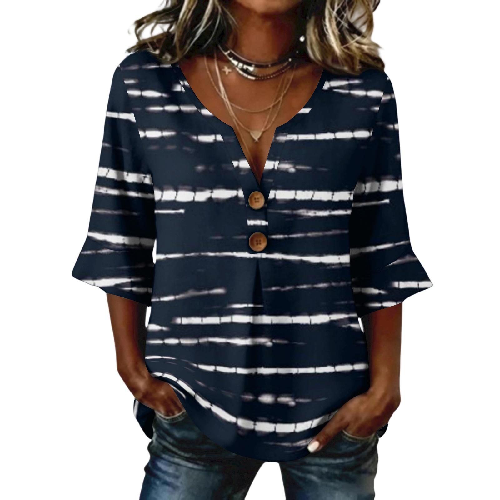Ladies  striped printed button casual V-neck fashionable seven quarter sleeve top L чёрный