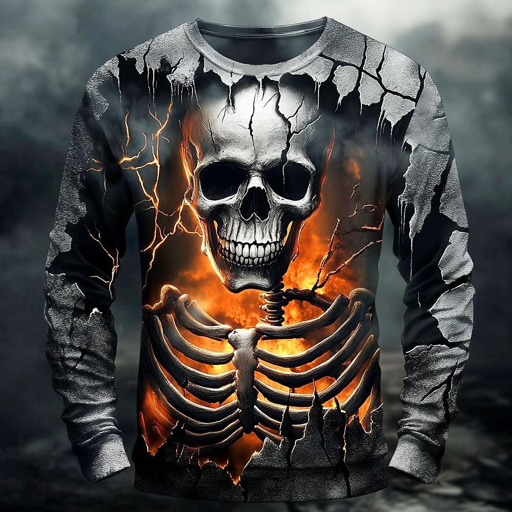 2025 Fall Winter Fashion Skeleton Prints Long Sleeve T-Shirts for Men Gothic Trendy Streetwear Casual Tops Halloween Party Tee