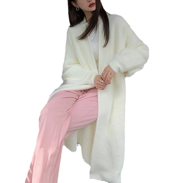 Women's Imitation Mink Long Knee-length Sweater Cardigan Knitted Jacket
