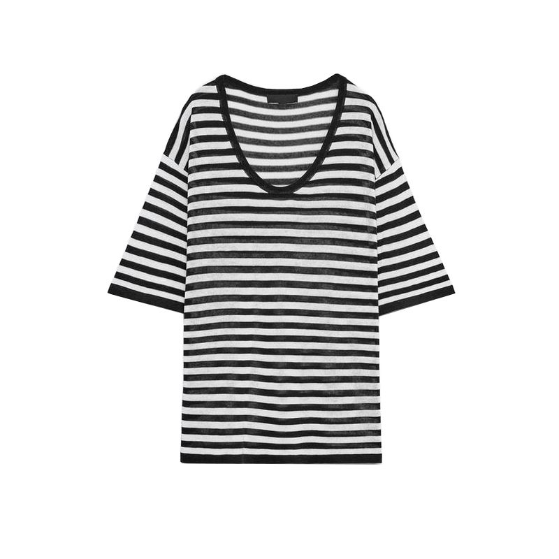 Summer New Women Clothes French Style Preppy Short Sleeve V-neck Knitted Stripes Loose and Comfortable Top 1509011